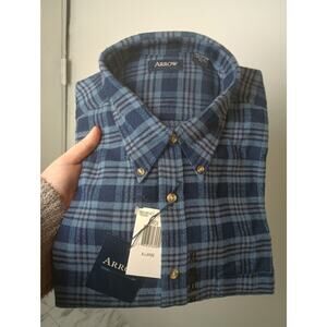 Men's Plaid Flannel Arrow NWT 100% Cotton Size XL Blue Button up Collar Gift